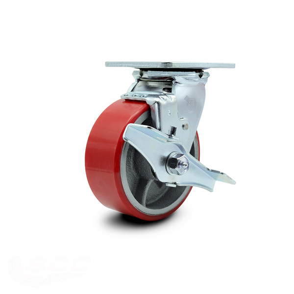 Service Caster 5 Inch Red Poly on Cast Iron Swivel Caster with Roller Bearing and Brake SCC SCC-30CS520-PUR-RS-TLB